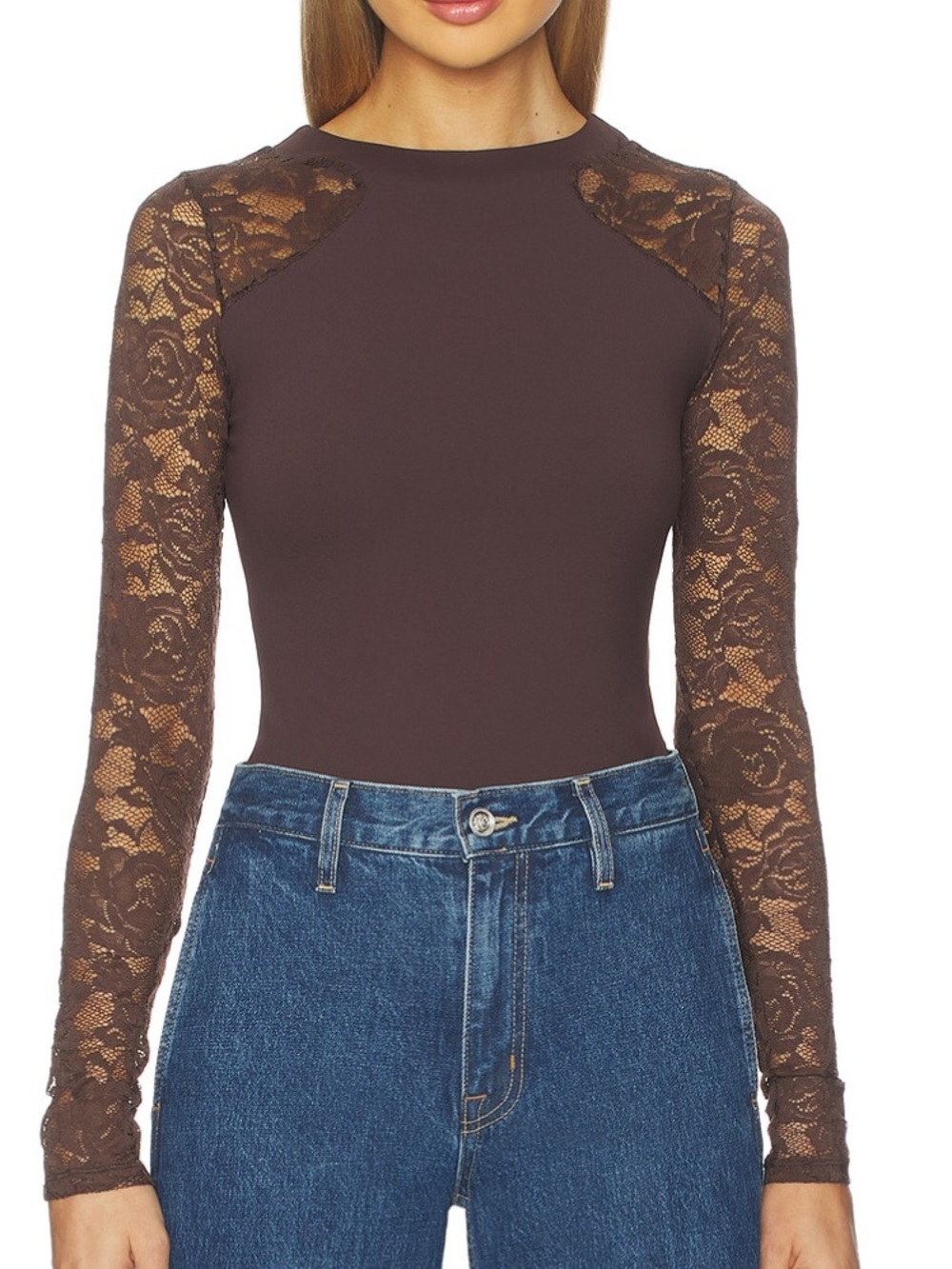 Free People Long-Sleeve Lace Accent Bodysuit in Brown